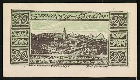 Notgeld Waldneukirchen, 20 Heller, Stadtansicht mit Bergen und Kirchturm