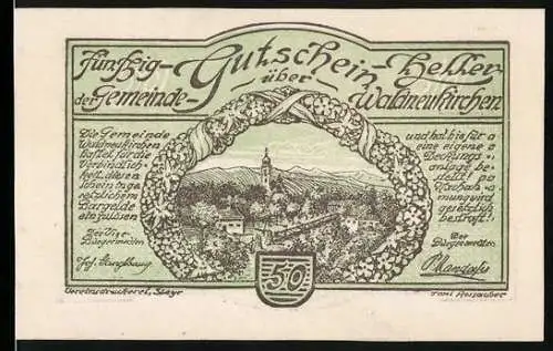 Notgeld Waldneukirchen, 50 Heller, Landschaft mit Kirche und Porträt im Kranz