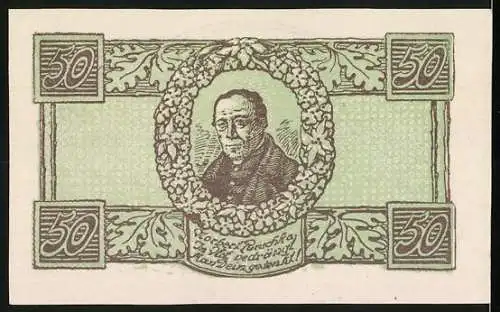 Notgeld Waldneukirchen, 50 Heller, Landschaft mit Kirche und Porträt im Kranz