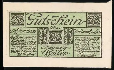 Notgeld Waldneukirchen, 20 Heller, Landschaft mit Kirchturm und Bergen, grüner Druck