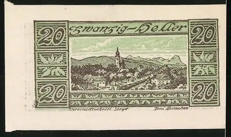 Notgeld Waldneukirchen, 20 Heller, Landschaft mit Kirchturm und Bergen, grüner Druck