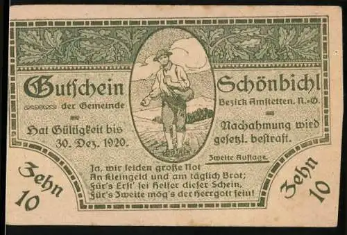 Notgeld Schönbichl 1920, 10 Heller, Bauer in Landschaft, Eichenblätter-Muster