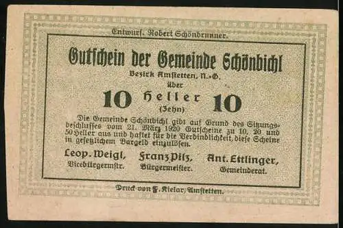 Notgeld Schönbichl 1920, 10 Heller, Bauer in Landschaft, Eichenblätter-Muster