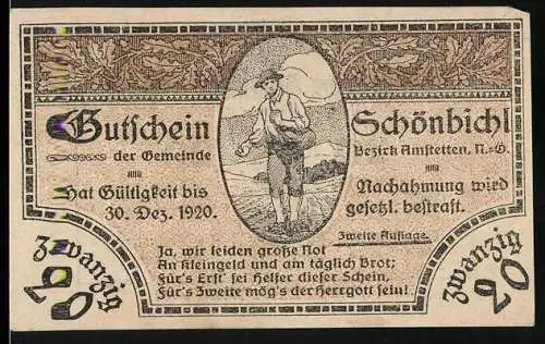 Notgeld Schönbichl 1920, 20 Heller, Bauer auf dem Feld, Zweite Auflage