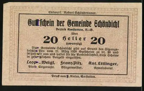 Notgeld Schönbichl 1920, 20 Heller, Bauer auf dem Feld, Zweite Auflage