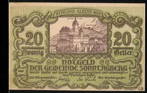 Notgeld Sonntagberg, 20 Heller, Schloss Gleiss 1650, Text über Gültigkeit bis 1920