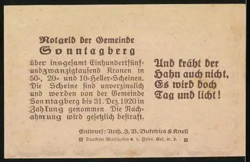 Notgeld Sonntagberg, 20 Heller, Schloss Gleiss 1650, Text über Gültigkeit bis 1920