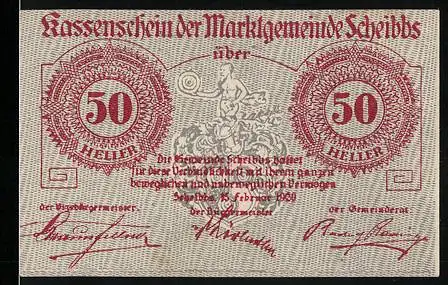 Notgeld Scheibbs 1920, 50 Heller, Löwenmotiv und Text über Einlösung in Kronen