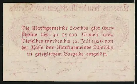 Notgeld Scheibbs 1920, 50 Heller, Löwenmotiv und Text über Einlösung in Kronen