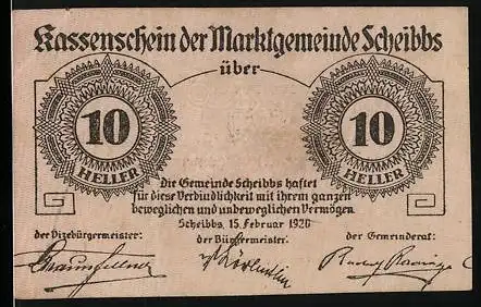 Notgeld Scheibbs 1920, 10 Heller, Text und Signaturen, gedruckt von Rudolf & Fritz Radinger