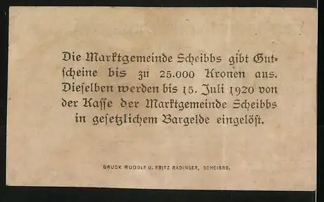 Notgeld Scheibbs 1920, 10 Heller, Text und Signaturen, gedruckt von Rudolf & Fritz Radinger