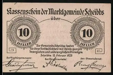 Notgeld Scheibbs 1920, 10 Heller, Gemeindegarantie und Unterschriften der Beamten