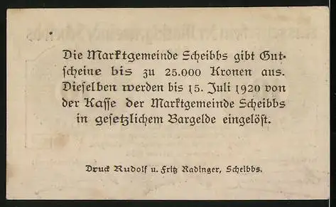 Notgeld Scheibbs 1920, 10 Heller, Gemeindegarantie und Unterschriften der Beamten