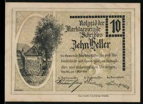 Notgeld Scheibbs 1920, 10 Heller, Landschaft mit Gebäuden und Wappen