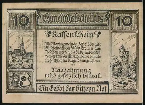 Notgeld Scheibbs 1920, 10 Heller, Landschaft mit Gebäuden und Wappen