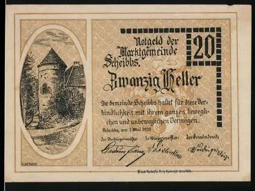 Notgeld Scheibbs 1920, 20 Heller, Burgturm und Stadtansicht, Seriennummer und Unterschriften