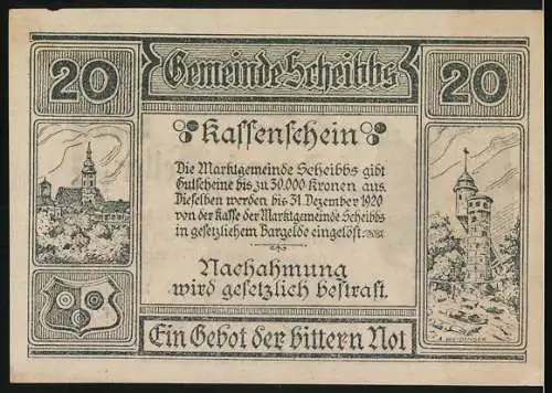 Notgeld Scheibbs 1920, 20 Heller, Burgturm und Stadtansicht, Seriennummer und Unterschriften