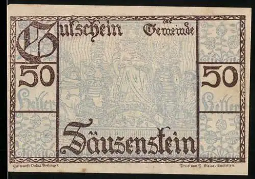 Notgeld Säusenstein 1920, 50 Heller, Stadtansicht mit Fluss und Kirche