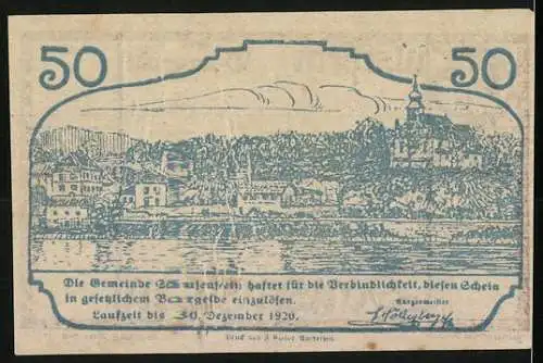 Notgeld Säusenstein 1920, 50 Heller, Stadtansicht mit Fluss und Kirche