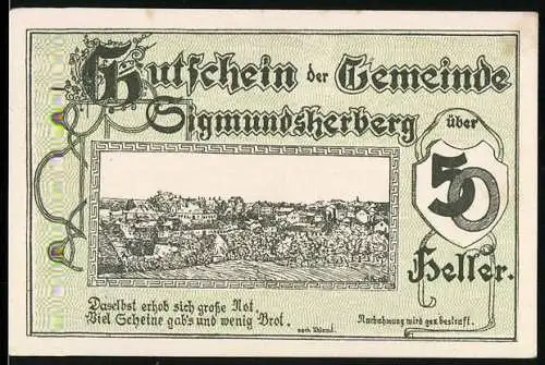 Notgeld Sigmundsherberg 1920, 50 Heller, Stadtansicht und Zitat Viel Scheine gab`s und wenig Brot