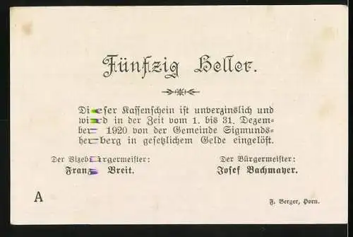 Notgeld Sigmundsherberg 1920, 50 Heller, Stadtansicht und Zitat Viel Scheine gab`s und wenig Brot