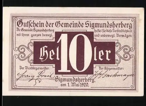 Notgeld Sigmundsherberg 1920, 10 Heller, elegante Schrift mit floralen Verzierungen