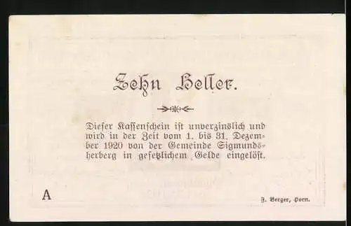 Notgeld Sigmundsherberg 1920, 10 Heller, elegante Schrift mit floralen Verzierungen