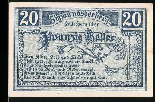 Notgeld Sigmundsherberg 1920, 20 Heller, florales Motiv und Textschrift, Serienbuchstabe A