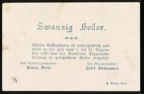 Notgeld Sigmundsherberg 1920, 20 Heller, florales Motiv und Textschrift, Serienbuchstabe A