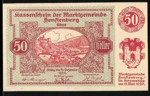 Notgeld Senftenberg 1920, 50 Heller, Burgruine und Landschaftsmotiv, Serie I