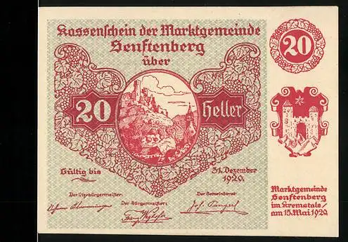 Notgeld Senftenberg 1920, 20 Heller, Burglandschaft und Wappen, gültig bis 31. Dezember 1920, Serie I