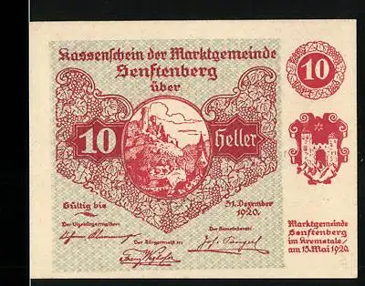 Notgeld Senftenberg 1920, 10 Heller, Landschaftsmotiv und Wappen, Serie I