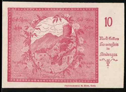 Notgeld Sarmingstein 1921, 10 Heller, Landschaft mit Turm und Dorfansicht