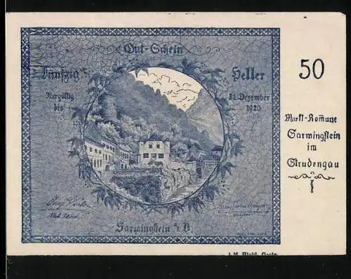 Notgeld Sarmingstein 1920, 50 Heller, Landschaftsansicht mit Gebäuden und Berg, Stempel der Markt-Commune