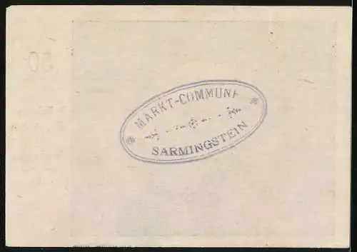 Notgeld Sarmingstein 1920, 50 Heller, Landschaftsansicht mit Gebäuden und Berg, Stempel der Markt-Commune