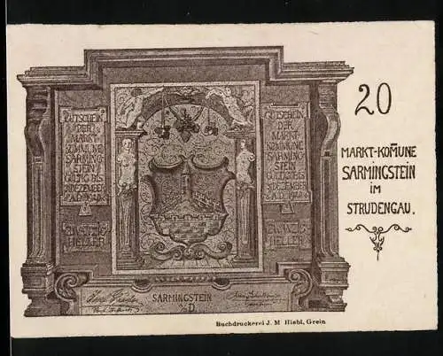 Notgeld Sarmingstein 1920, 20 Heller, Wappen und dekorative Umrahmung mit Engeln