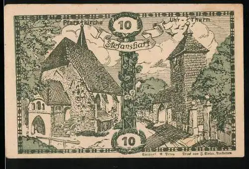 Notgeld Stefanshart 1920, 10 Heller, Pfarrkirche und Uhrturm, Bezirk Amstetten