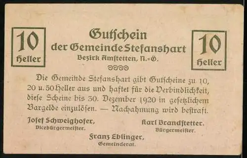 Notgeld Stefanshart 1920, 10 Heller, Pfarrkirche und Uhrturm, Bezirk Amstetten