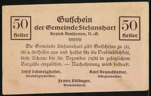 Notgeld Stefanshart 1920, 50 Heller, Pfarrkirche und Uhrturm-Motiv