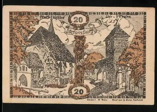 Notgeld Stefanshart 1920, 20 Heller, Kirche und Uhrturm-Motiv