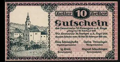 Notgeld St. Georgen 1921, 10 Heller, Dorflandschaft und Kirche im Hintergrund, Verzierung mit Ornamenten