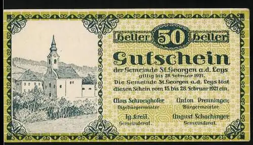 Notgeld St. Georgen a.d. Leys 1921, 50 Heller, Kirche und Landschaftsansicht