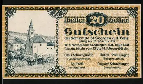 Notgeld St. Georgen a.d. Leys 1921, 20 Heller, Dorfansicht mit Kirche