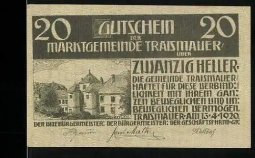 Notgeld Traismauer 1920, 20 Heller, Gebäudeansicht und Textpassage