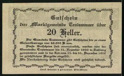 Notgeld Traismauer 1920, 20 Heller, Gebäudeansicht und Textpassage