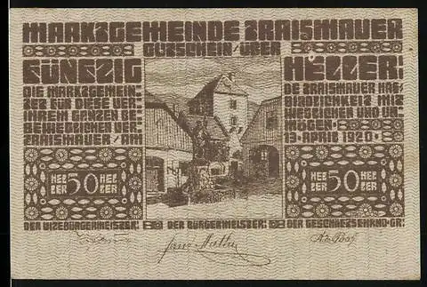 Notgeld Traismauer 1920, 50 Heller, Stadtansicht mit Fachwerkhäusern und Text