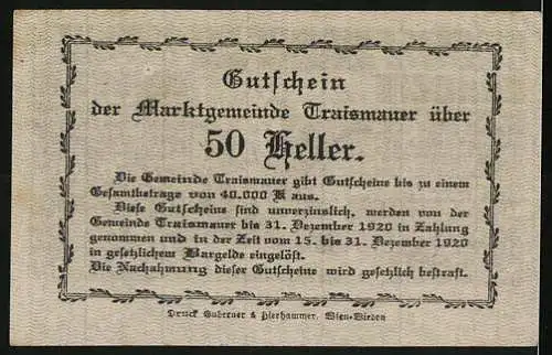 Notgeld Traismauer 1920, 50 Heller, Stadtansicht mit Fachwerkhäusern und Text