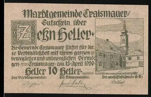 Notgeld Traismauer 1920, 10 Heller, Ansicht eines Gebäudes mit Kirchturm