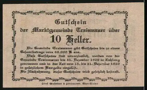 Notgeld Traismauer 1920, 10 Heller, Ansicht eines Gebäudes mit Kirchturm