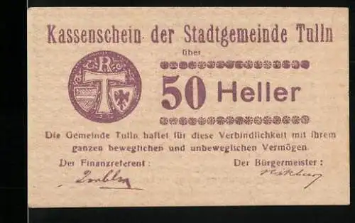 Notgeld Tulln 1920, 50 Heller, Kassenschein mit Wappen und Text über Verbindlichkeiten der Stadtgemeinde Tulln